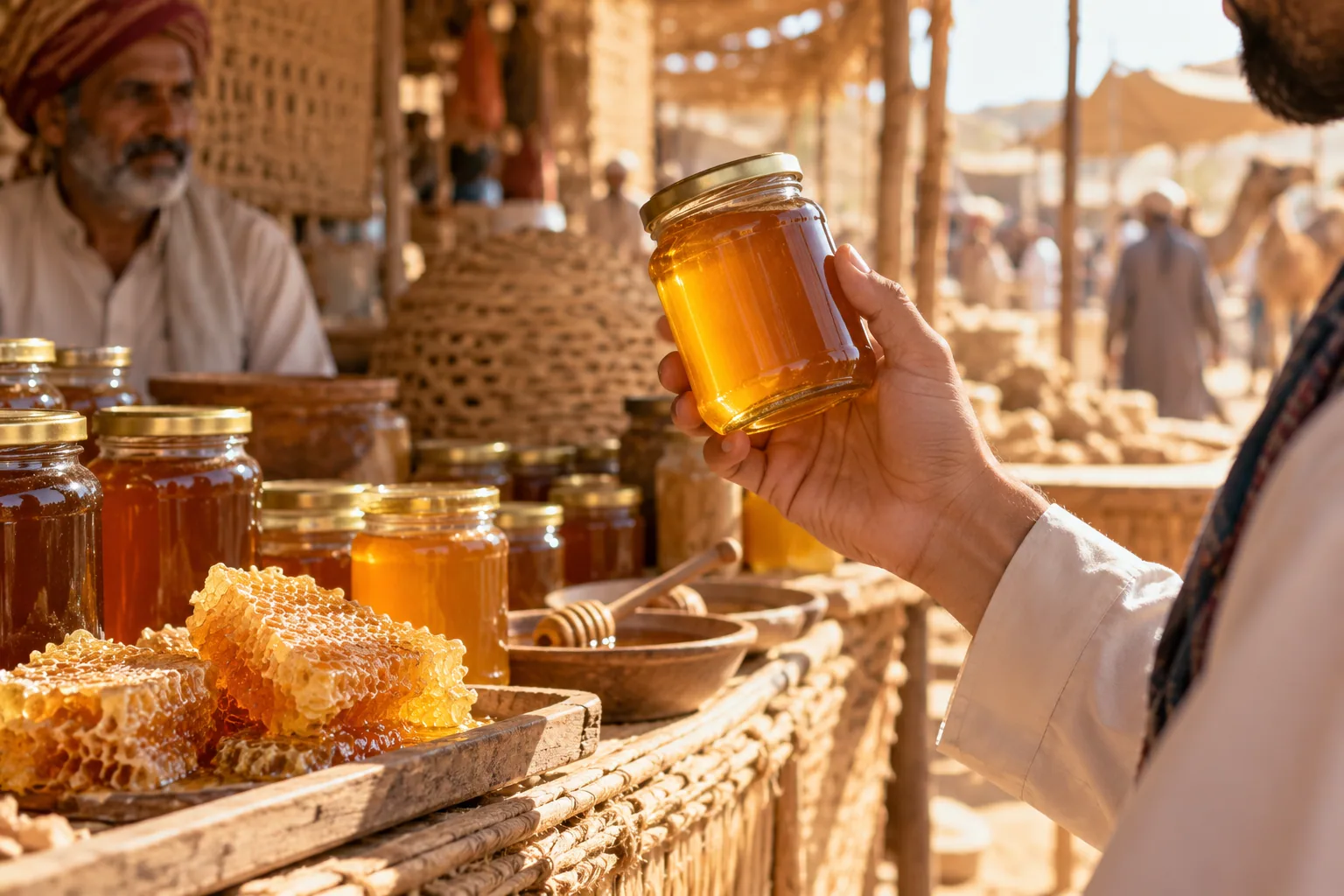 A shopper examines an unlabelled jar of amber honey at a local market counter