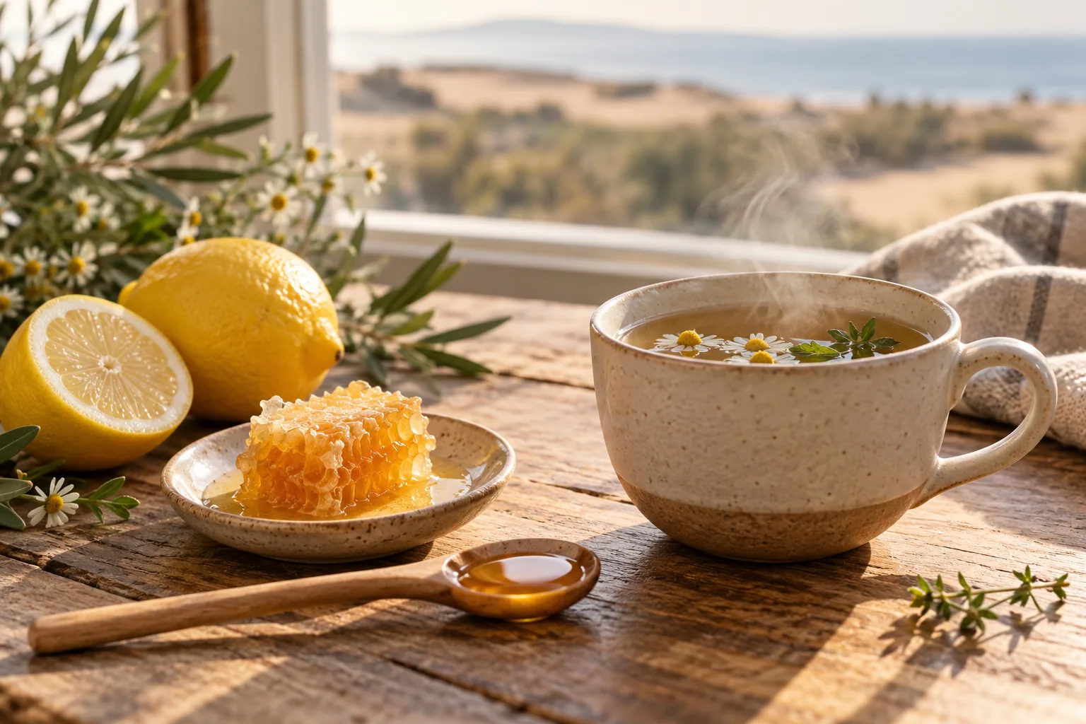 A spoonful of honey and honeycomb beside herbal tea and lemon