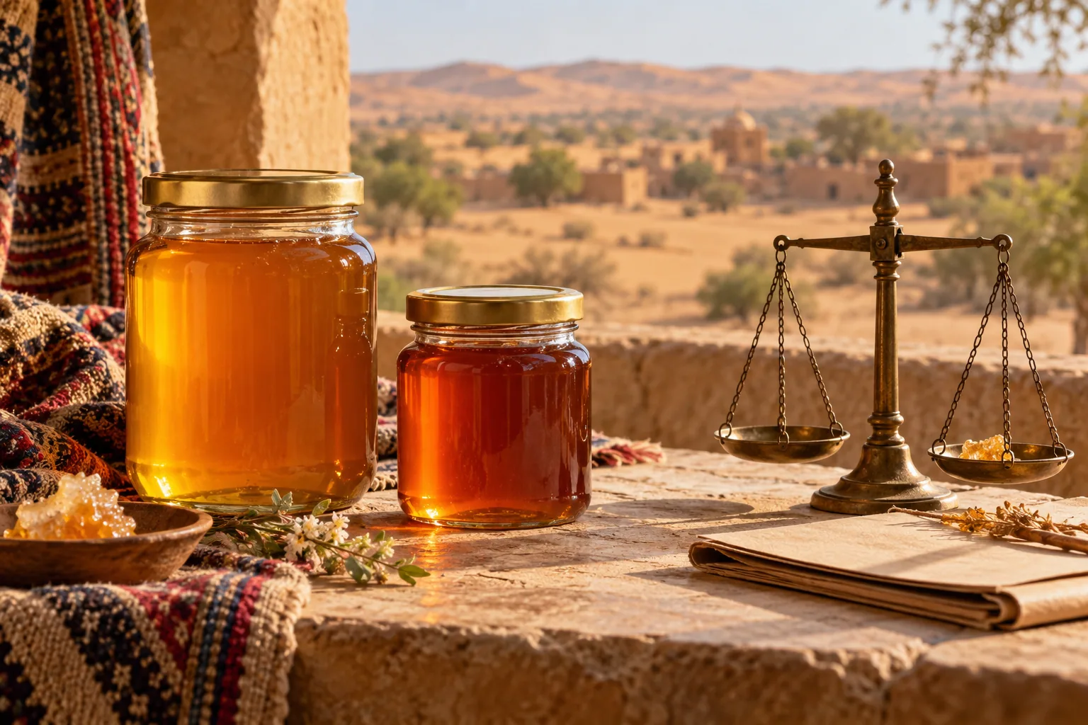 Two glass honey jars with a brass balance scale on a sandstone table