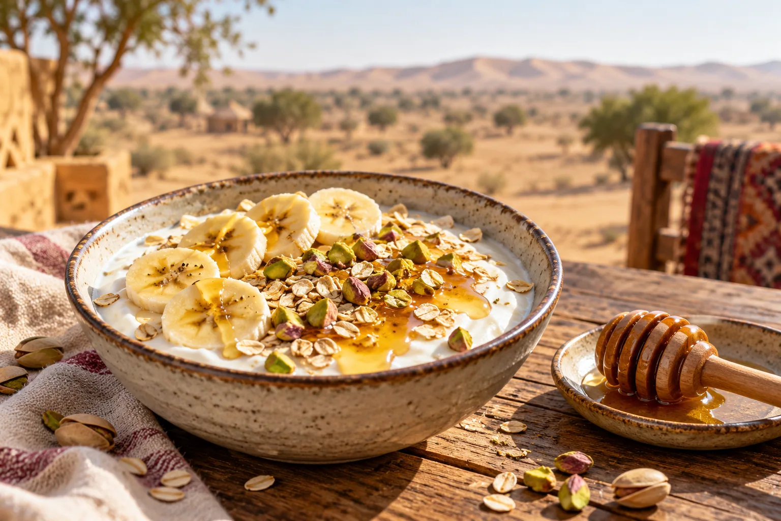 Yogurt with banana, oats, pistachios, and a drizzle of honey on a breakfast table