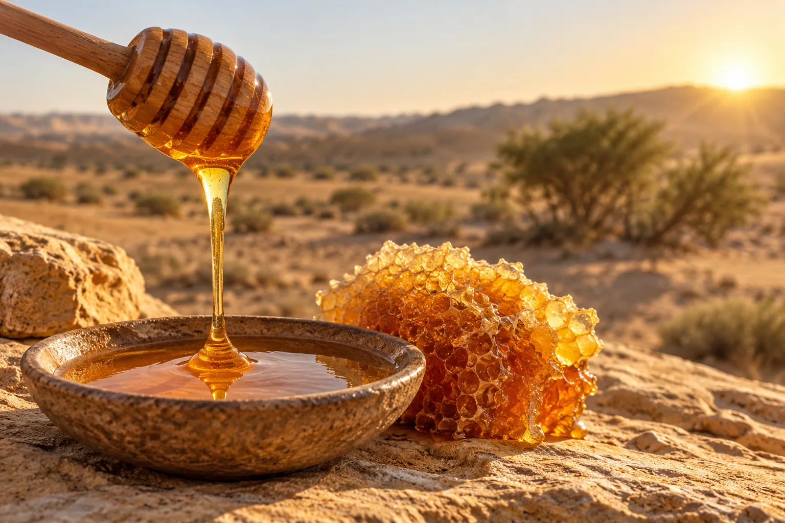Golden honey streams from a wooden dipper beside honeycomb in the Thar desert at sunrise