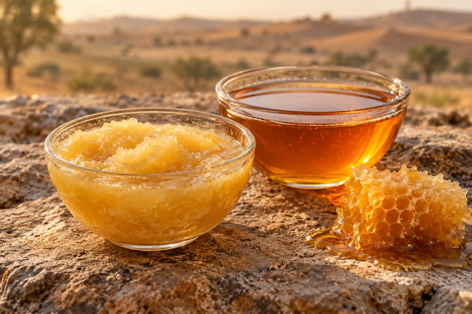 A bowl of crystallized honey and a bowl of clear honey sit beside honeycomb