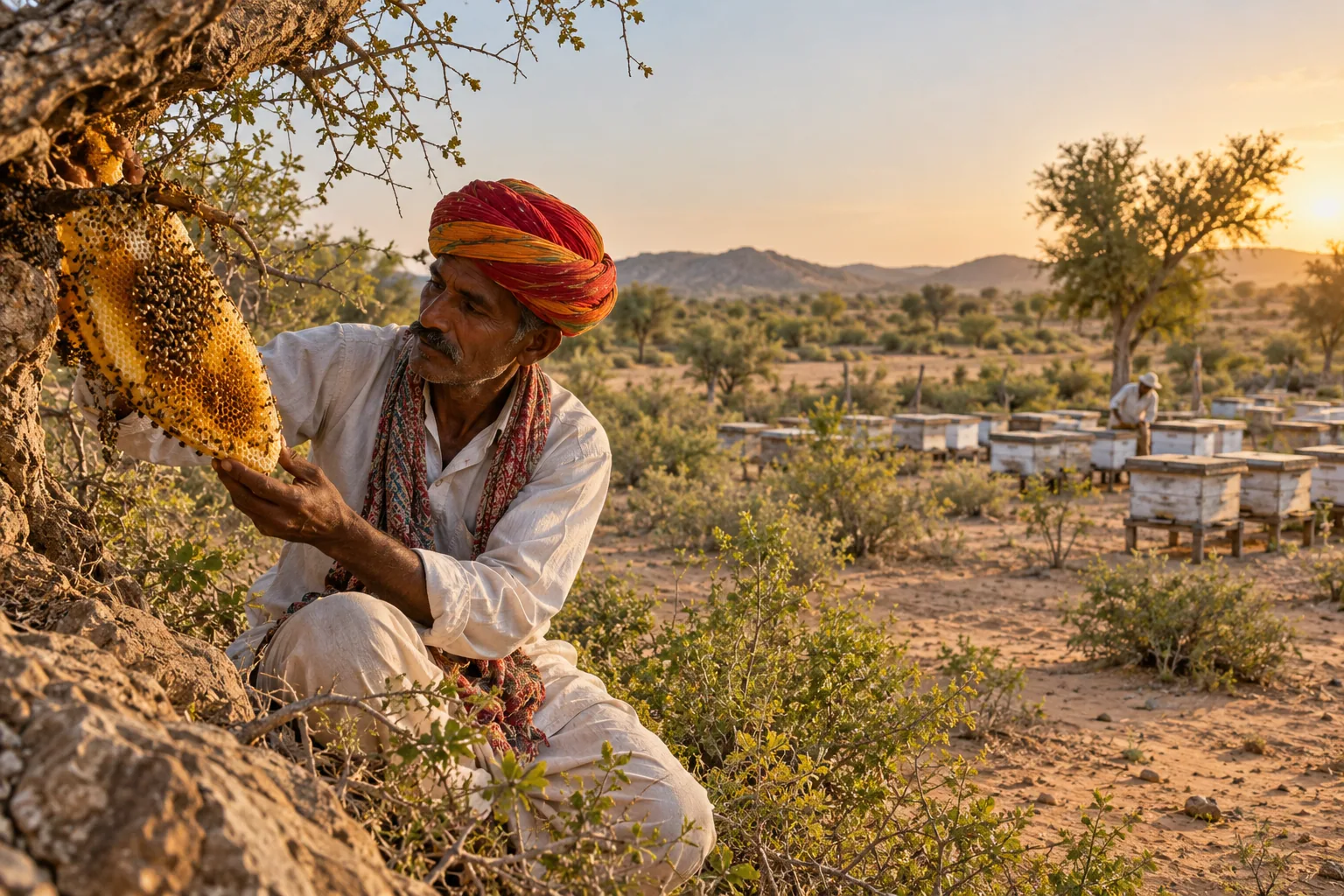 A Thar honey gatherer examines wild honeycomb near managed beehives in the distance