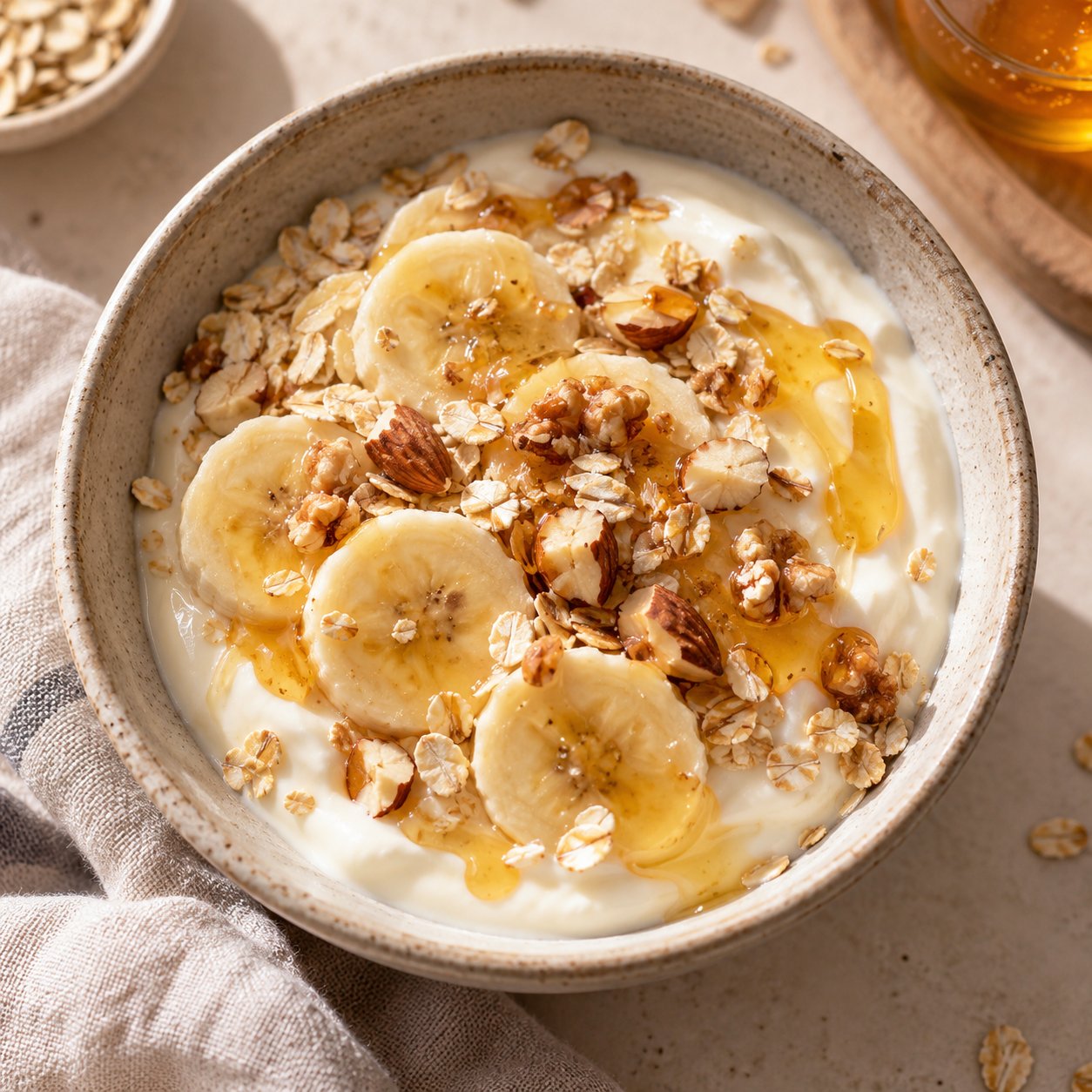 Yogurt topped with banana, oats, nuts and a honey drizzle