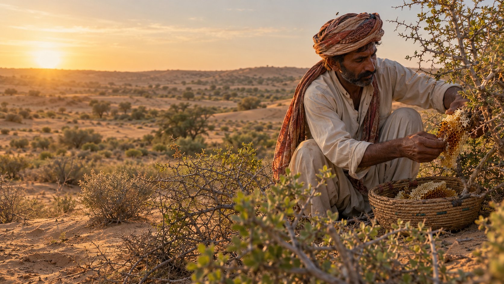 A local honey gatherer working among the desert scrub of Thar