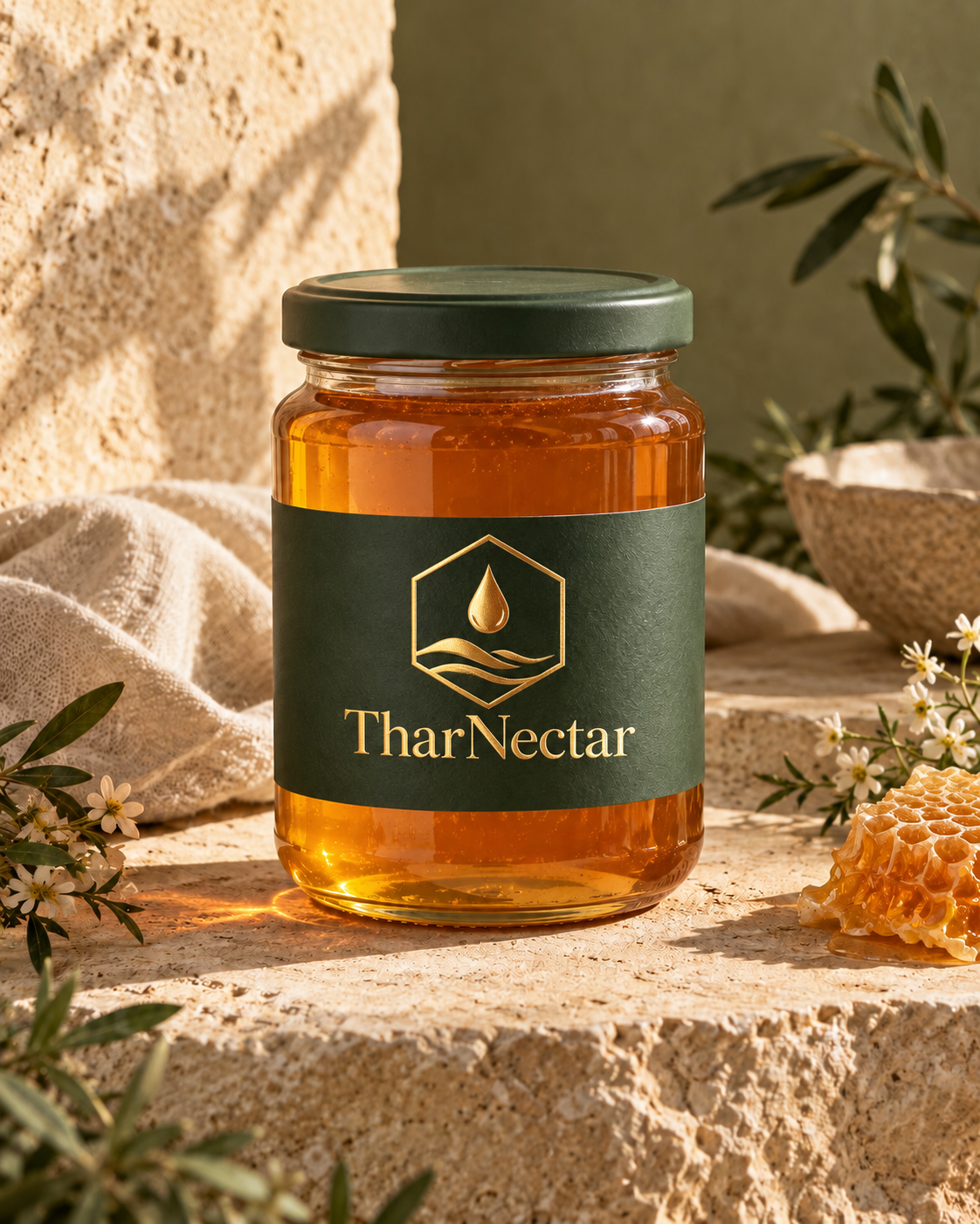 Amber TharNectar honey in a branded glass jar against warm sandstone